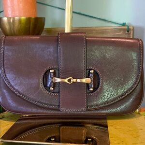 Ann Taylor Horse Bit Brown Leather  wallet wristlet lined pouch